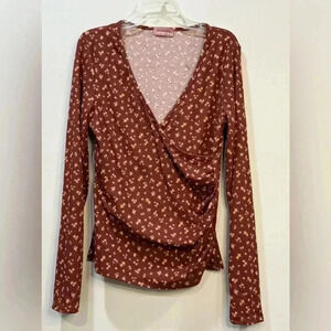 Ragdoll Long Sleeve Faux Wrap Ribbed Floral Shirt XL